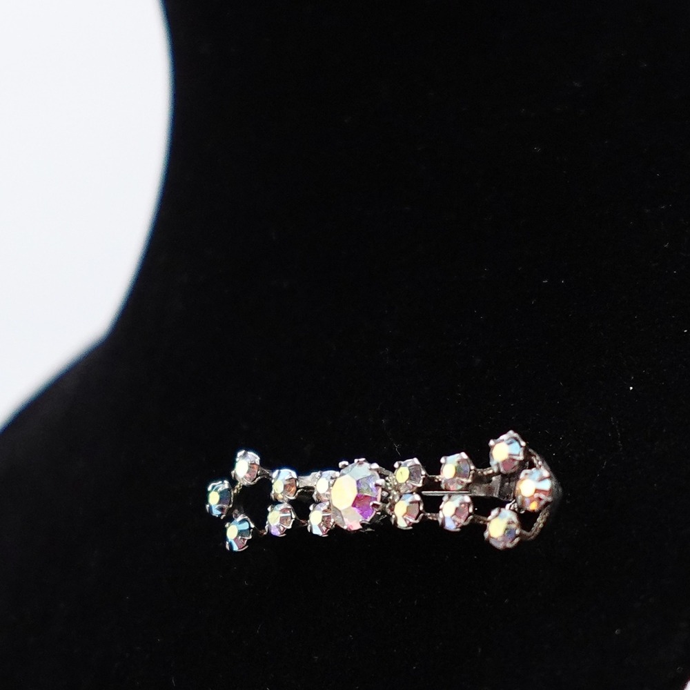Vintage Made Austria Rhinestone Bar Brooch AB Prong Set Iridescent Silver Tone‎